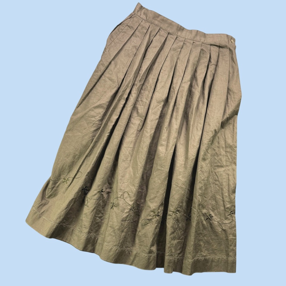 Vintage Cathy Hardwick Skirt Women 4 Olive Embroidered Pleated Cotton Midi Boho